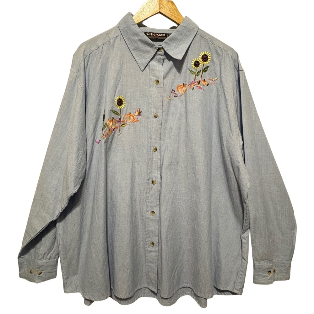VTG Citicraze Women Chambray Button Top 3X Sunflower Pumpkin Embroidered Cottage